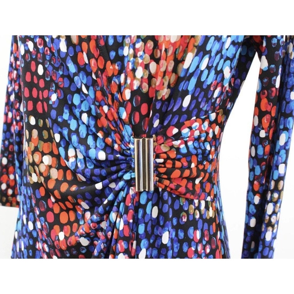 Calvin Klein Blue Colorful Dot Print Ruched Faux Wrap Jersey Dress Sz 12 V Neck - Picture 8 of 11